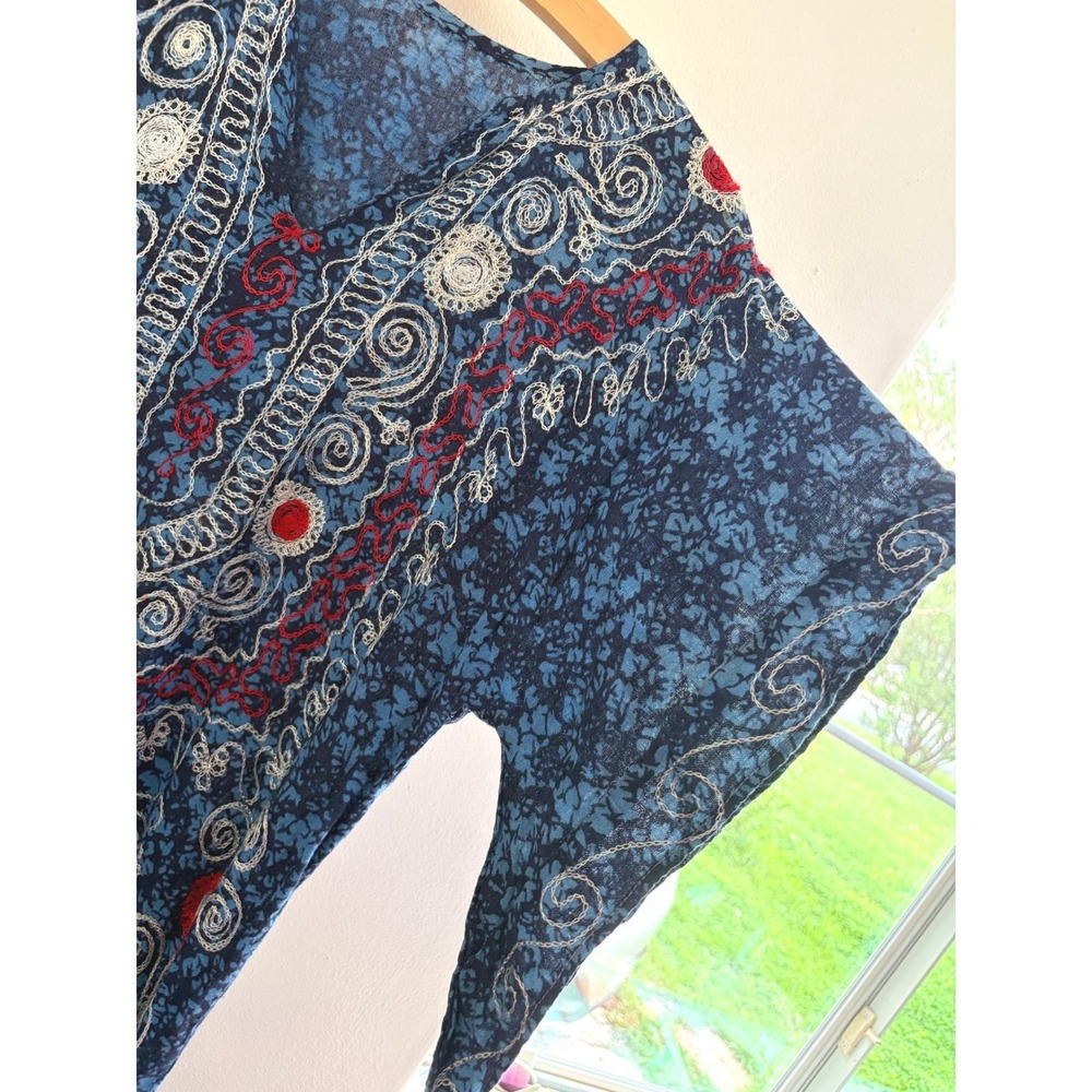 Vintage 60s 70s Blue Cotton Boho Kaftan Maxi Dress S M Hippie Embroidered - Picture 2 of 5